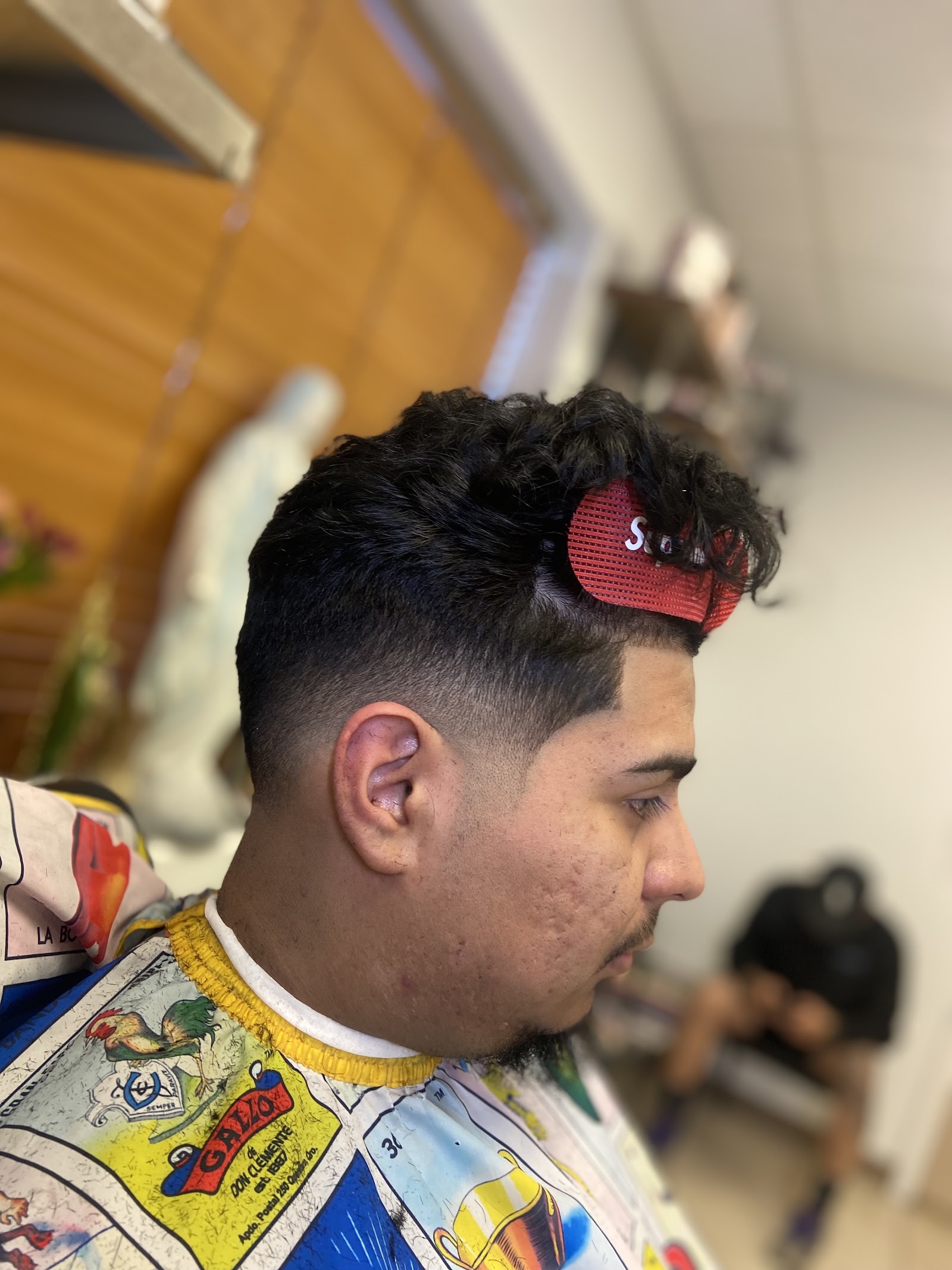Side profile of a curly-top haircut with a low fade and hairnet