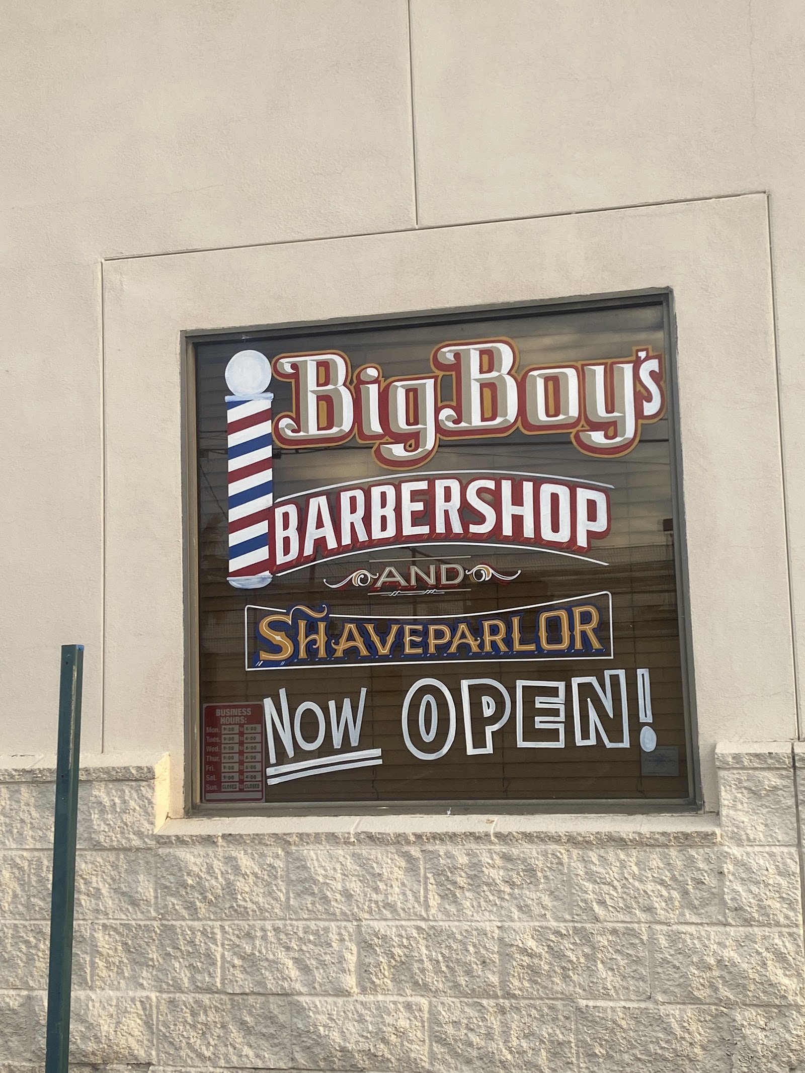 Big Boy's Barbershop and Shave Parlor hand-painted window sign reading Now Open